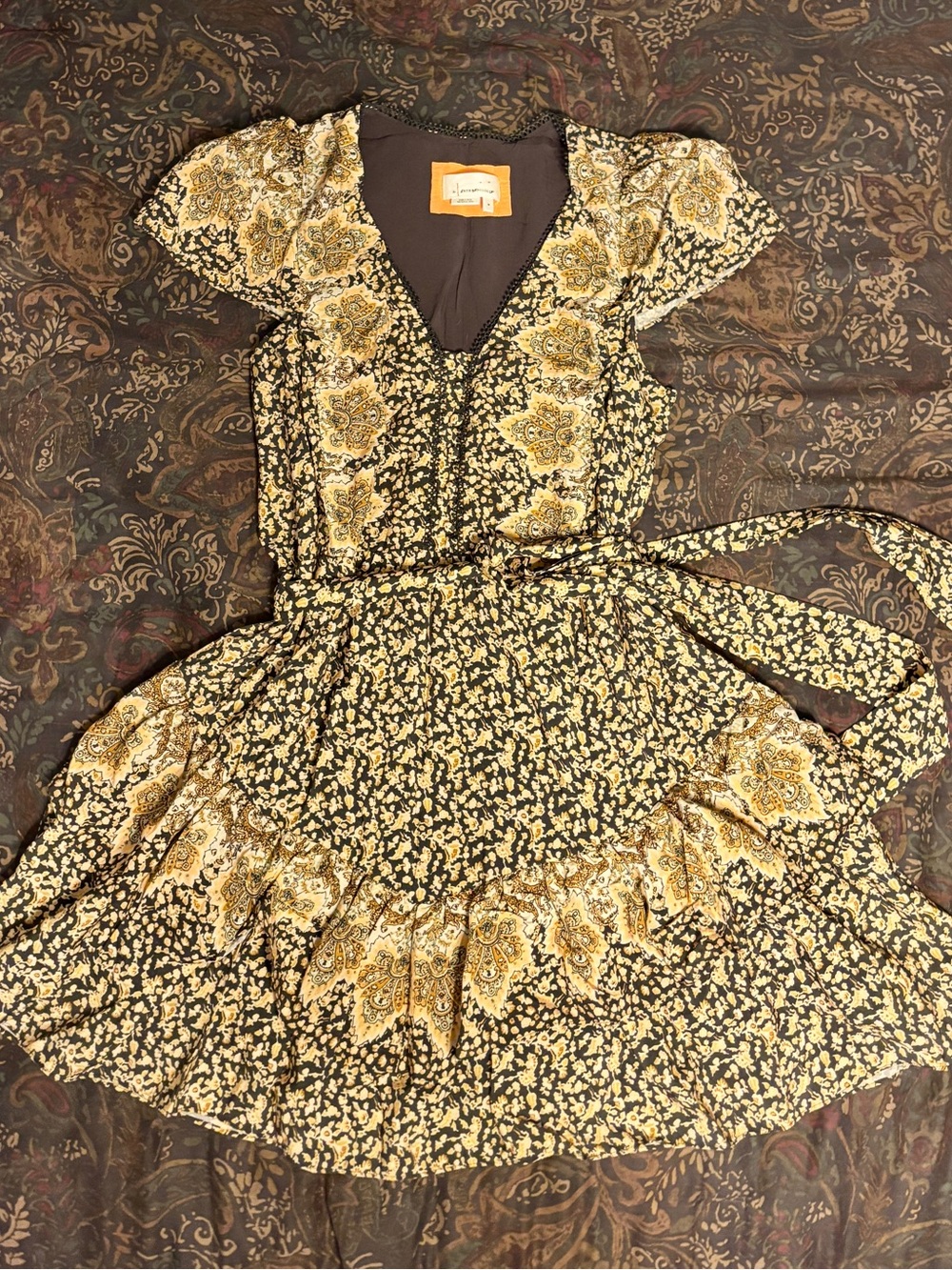 Yellow and Black Floral Paisley V-Neck Dress